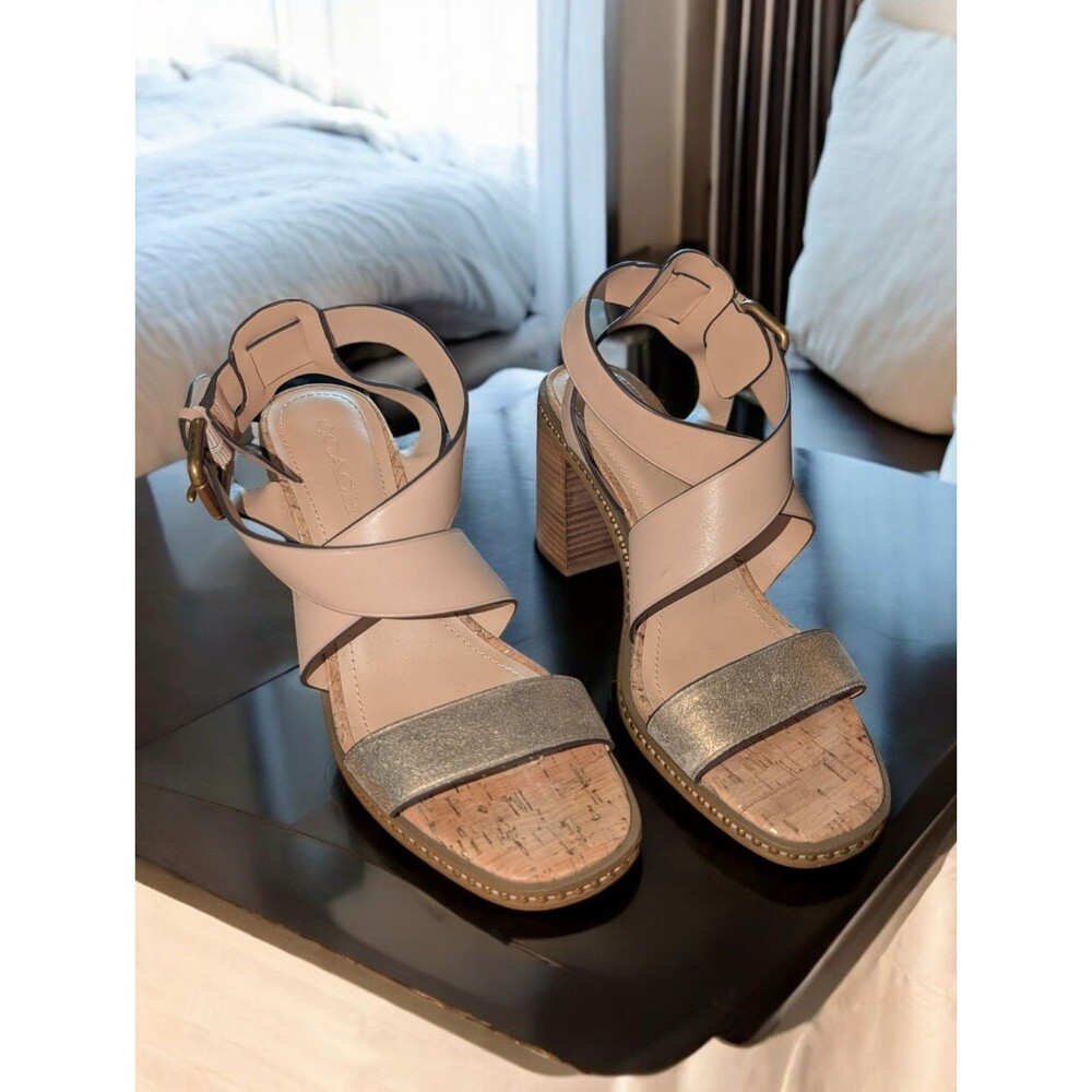 EUC COACH Mandy Sandals - Studded Beige & Gold Metallic Leather Heels - Sz 9.5